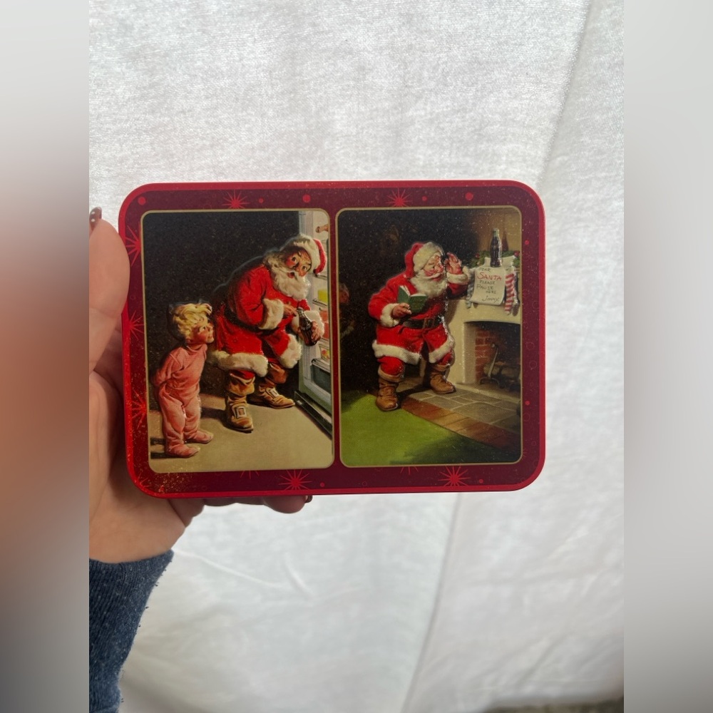 Vintage  Coca Cola Coke Christmas Holiday Tin with 2 Decks of Playing Cards NEW